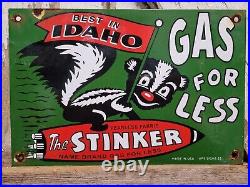 Vintage Stinker Porcelain Sign 1953 Idaho Gas For Less Skunk Gasoline Station