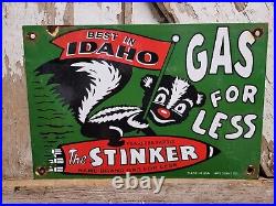 Vintage Stinker Porcelain Sign 1953 Idaho Gas For Less Skunk Gasoline Station