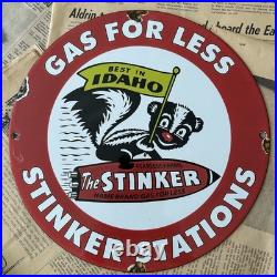 Vintage Stinker Stations Gasoline Fearless Farris 12 Inch Porcelain Enamel Sign