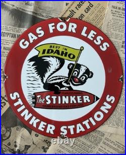 Vintage Stinker Stations Gasoline Fearless Farris 12 Inch Porcelain Enamel Sign