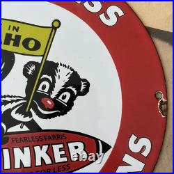 Vintage Stinker Stations Gasoline Fearless Farris 12 Inch Porcelain Enamel Sign