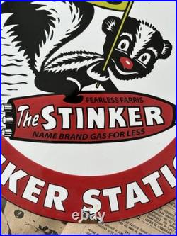 Vintage Stinker Stations Gasoline Fearless Farris 12 Inch Porcelain Enamel Sign