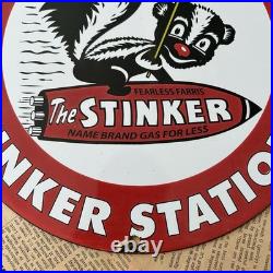 Vintage Stinker Stations Gasoline Fearless Farris 12 Inch Porcelain Enamel Sign