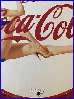 Vintage Style Coca Cola Porcelain Sign Soda Pop Bottle Pin Up 12in Round
