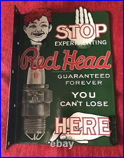 Vintage Style Red Head Spark Plugs Flange Sign 2 Sided 13 1/4 X 9 1/4 Inch