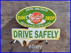 Vintage Sun Drop Porcelain Soda Sign Golden Cola Pop Topper Beverage Advertising