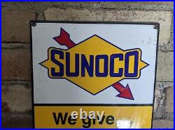 Vintage Sunoco Green Stamps Motor Oil Gasoline Porcelain Gas Sign 12 X 8