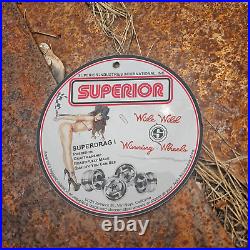 Vintage Superior Superdrag Chrome Steel Wheels Porcelain Gas Oil 4.5 Sign