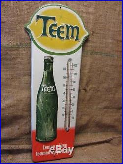 Vintage TEEM Soda Thermometer Sign Antique Embossed Green NO MERCURY 9039