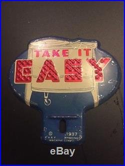 Vintage Take It Easy License Plate Tag Topper Rare Old Tin Advertising Sign