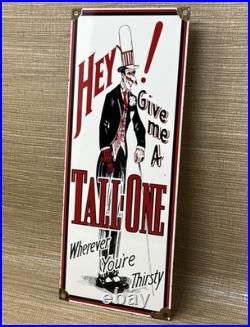 Vintage Tall One Soda Pop Porcelain Sign Coca Cola Bottle Can Gas Station