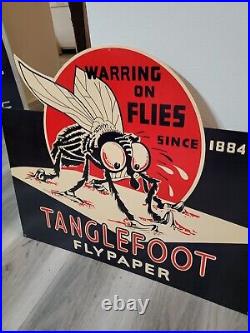 Vintage Tanglefoot Sign Metal Fly Paper Since 1884 Bugs Gas Oil Grocery COOL