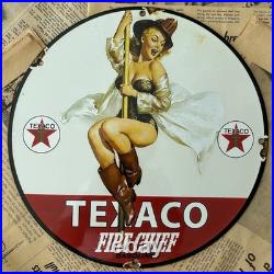 Vintage Texaco Fire Chief Gasoline Pin-up 12 Inch Porcelain Enamel Sign