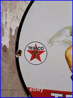 Vintage Texaco Porcelain Sign Old Fire Chief Woman Girl Fireman Texas Ranch Farm