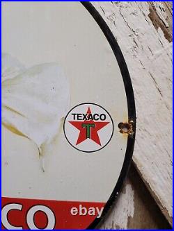 Vintage Texaco Porcelain Sign Old Fire Chief Woman Girl Fireman Texas Ranch Farm