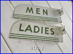 Vintage Texaco Restroom Mens Ladies Set Flange Porcelain Sign Double Sided