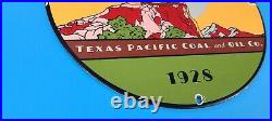 Vintage Texas Pacific Coal Oil Porcelain Gas Service Station 11 3/4 Pump Sign