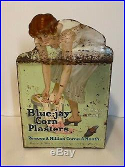 Vintage Tin Sign Store Display Case Advertising Box BLUE-JAY CORN PLASTERS 1930s