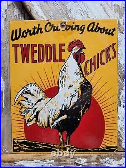 Vintage Tweedle Chicks Porcelain Sign Farm Chicken Livestock Hatchery Rooster