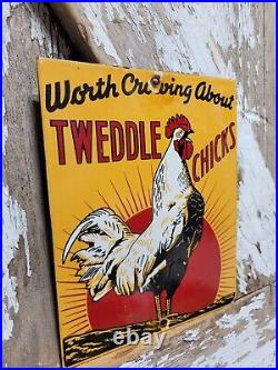 Vintage Tweedle Chicks Porcelain Sign Farm Chicken Livestock Hatchery Rooster