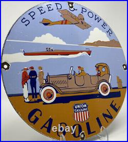 Vintage Union Gasoline Porcelain Sign Gas Station Pump Plate Speed Power Oil