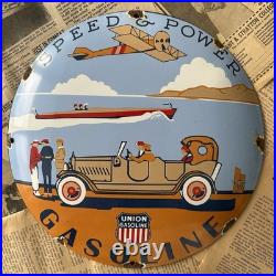 Vintage Union Gasoline Speed & Power 12 Inch Convex Porcelain Enamel Sign