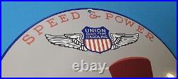Vintage Union Speed & Power Porcelain Gasoline Aviation Coast Service Pump Sign