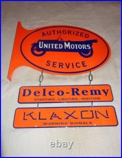 Vintage United Motors Service 23 Double Sided 3-pc Porcelain Metal Flange Sign