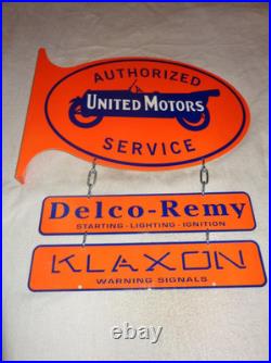 Vintage United Motors Service 23 Double Sided 3-pc Porcelain Metal Flange Sign
