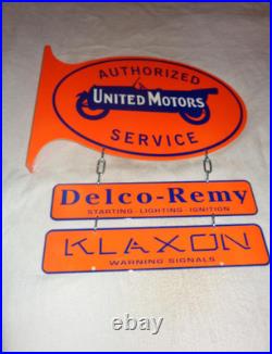 Vintage United Motors Service 23 Double Sided 3-pc Porcelain Metal Flange Sign