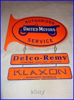 Vintage United Motors Service 23 Double Sided 3-pc Porcelain Metal Flange Sign