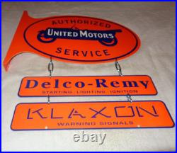 Vintage United Motors Service 23 Double Sided 3-pc Porcelain Metal Flange Sign