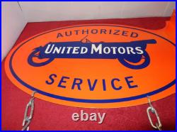 Vintage United Motors Service 23 Double Sided 3-pc Porcelain Metal Flange Sign