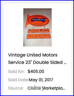 Vintage United Motors Service 23 Double Sided 3-pc Porcelain Metal Flange Sign