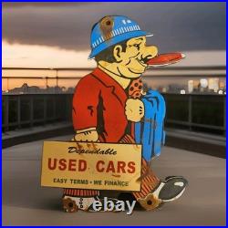 Vintage Used Cars Porcelain Sign Dealership Ford Chevrolet Dodge Toyota Gas Oil