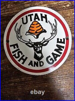 Vintage Utah Fish Game Sign Porcelain Gas Oil Pump Deer Hunting Pump Sign