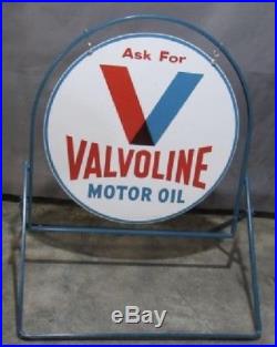 Vintage Valvoline 30 Round Porcelain Double Sided Sign with Curb Stand Petroliana