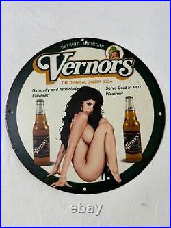 Vintage Vernor's Gingerale Zero Sugar Pinup Girl Porcelain Gas Oil Service Sign