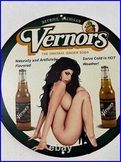 Vintage Vernor's Gingerale Zero Sugar Pinup Girl Porcelain Gas Oil Service Sign