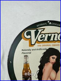 Vintage Vernor's Gingerale Zero Sugar Pinup Girl Porcelain Gas Oil Service Sign