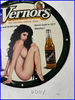 Vintage Vernor's Gingerale Zero Sugar Pinup Girl Porcelain Gas Oil Service Sign