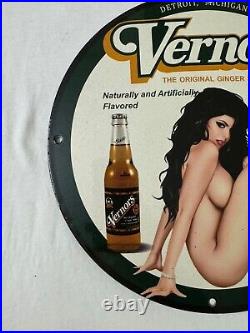 Vintage Vernor's Gingerale Zero Sugar Pinup Girl Porcelain Gas Oil Service Sign