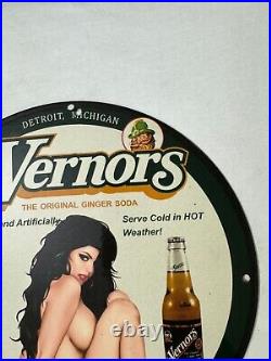 Vintage Vernor's Gingerale Zero Sugar Pinup Girl Porcelain Gas Oil Service Sign