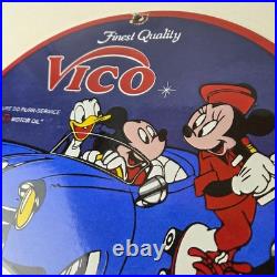 Vintage Vico Motor Oil Sign Porcelain Walt Disney Gasoline Pump Plate Sign