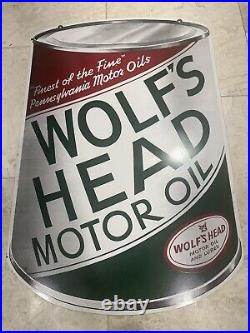 Vintage WOLF'S HEAD Motor Oil Metal Sign Can Double Sided Original NICE! 24x36