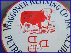 Vintage Waggoner Porcelain Sign Gas Station Oil Refining Ranch Steer Texas Rodeo