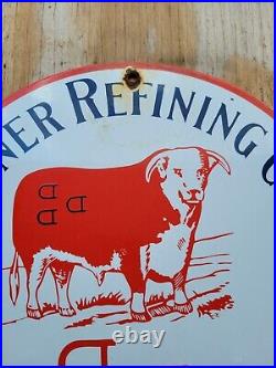 Vintage Waggoner Porcelain Sign Gas Station Oil Refining Ranch Steer Texas Rodeo