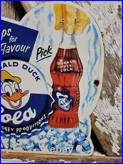 Vintage Walt Disney Cola Porcelain Sign Duck Soda Soft Drink Beverage Pop Diecut