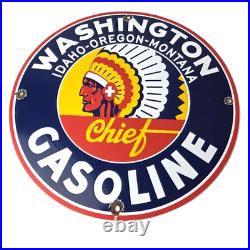 Vintage Washington Gasoline Sign Indian Chief Gas Porcelain Service Pump Sign