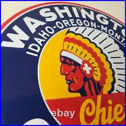 Vintage Washington Gasoline Sign Indian Chief Gas Porcelain Service Pump Sign